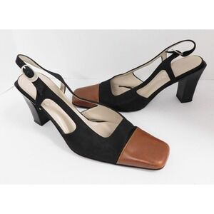CHANEL Black Nylon Brown Leather Slingback Heel Pumps Italy size 40
